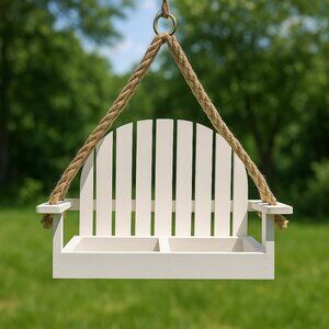 Wooden Hanging White Bird Feeder Bench Swing Seat Seed Garden Handcrafted USA